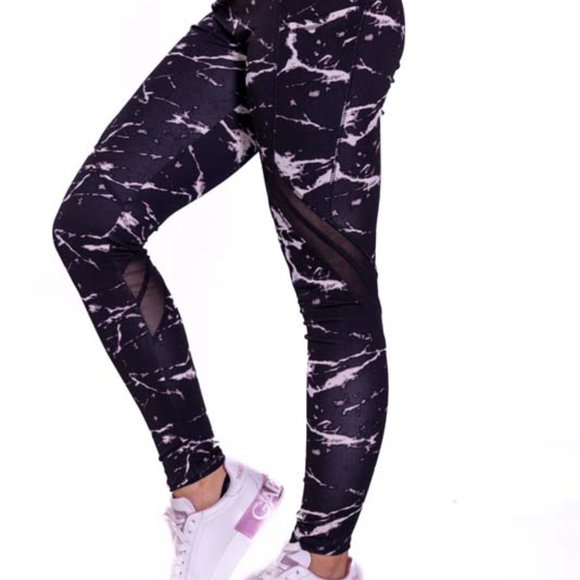 High-Waisted & Mash Panel Gym and Yoga Leggings with Side Pockets Marble Black - Picture 4 of 7